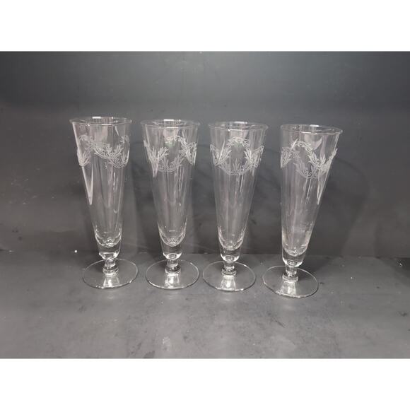 Chintz Etched Pilsner Glasses Set of 4, 10 oz Footed Glasses, Glassware, Flaw - Picture 1 of 11